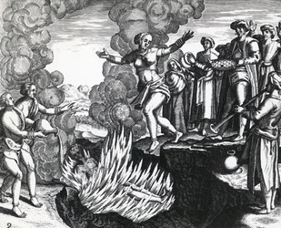 Kvinna som kastar sig på makens bål, av Theodor de Bry (1528-1598), gravyr