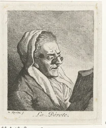 Läser gammal kvinna med pince-nez La Dévote (titel på objekt)