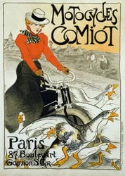 Reklamaffisch för Comiot motorcyklar. En ung kvinna på moped rullar bland en grupp gäss. Affisch av Theophile Alexandre Steinlen (1859-1923). 1899. Paris, dekorativ konst.