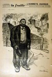 Teckning av en fattig fabriksarbetare mot ett industrilandskap, av Alexandre Steinlen (1859-1923), en schweizisk född fransk jugendmålare och grafiker