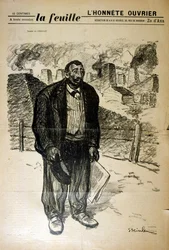 Teckning av en fattig fabriksarbetare mot ett industrilandskap, av Alexandre Steinlen (1859-1923), en schweizisk född fransk jugendmålare och grafiker