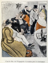 Filles et Marlous: Det är spanjorernas fest: notarien betalar champagnen - i "Dans la vie", av Steinlen 1901 (samma ritning som nr 27695)