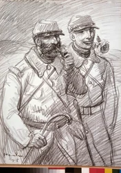 Första världskriget: "De håriga 1915", franska soldater. Teckning av Theophile Alexandre Steinlen (1859-1923)