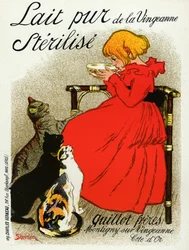 Mat och dryck. Vingeanne mjölk. Liten flicka med katter. Affisch av Steinlen, Frankrike, ca 1890 (affisch)
