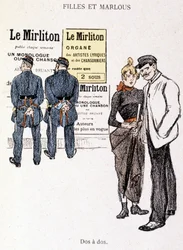Tjej och Marlou: en hallick och en prostituerad bakom två poliser. I "" In Life"" av Steinlen