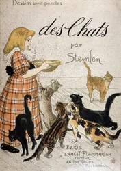 Tjej som tar med en mjölkskål till katter - täck "" Cats" av Steinlen, n.d. 19:e.