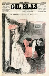 Illustration av Steinlen till Guy de Maupassants novell ”Halsbandet”. Madame Loisel ser på sig själv i spegeln medan hennes man tar av henne skorna. Hon upptäcker att hon har förlorat halsbandet, en diamant-rivière, som hon lånat av sin väninna Madame