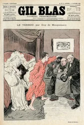 Illustration av Steinlen av Guy de Maupassants novell "" Låset""". Olagligt par fångade i full kärlek ebats - Adultere, överraskning. Omslag till Gil Blas nr 4, 22 januari