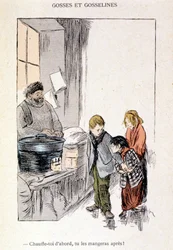Barn och gosseliner: Värm dig först, du äter dem efteråt! i ""In Life"", av Steinlen 1901