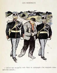 Les Miséreux: Oavsett om vi dödar eller stjäl på landsbygden, är vi alltid i trubbel... (En vagabond omgiven av 2 gendarmer) - i "" In Life"", av Steinlen 1901