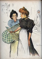 Les blechisseuses Teckning av Theophile Alexandre Steinlen (1859-1923) - i "" Le Rire""" från 1898 - Two Washerwomen - Om du var tvungen att lyssna på alla kunder skulle det betyda för mycket tvätt för oss att städa