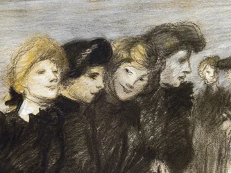 Midinetternas utgång (detalj) (före 1907). Theophile Alexandre Steinlen (1859-1923). Kol och pastell på papper. Musee des Beaux-Arts de la Ville de Paris, PeuPalais.