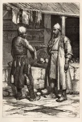 En persisk köpman och mulmakare i en by i Armenien, gravyr efter en teckning av författaren, illustrerande resan i Lazistan och Armenien, av Theophile Deyrolles, 1869, publicerad i "" Le tour du monde"" 1875, redigerad av Edouard Charton, Hache