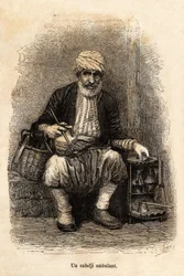 En kaféförsäljare (cafedji) som reser, i basaren i Trebizonde (nuvarande Trabzon, vid Svarta havets kust), graverar efter en teckning av berättaren, som illustrerar en resa till Lazistan och Armenien, 1869, av Theophile Deyrolle, publicerad i "" Le to
