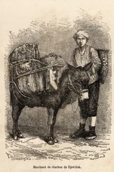 En kolhandlare, med sin åsna, i Djewilisk (Norra Anatolien), graverad efter en teckning av berättaren, som illustrerar en resa i Lazistan och Armenien, 1869, av Theophile Deyrolle, publicerad i "" Le tour du monde"" 1875, redigerad av Edouard Charton