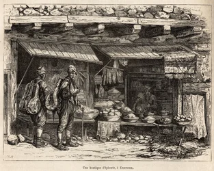 En livsmedelsbutik i Erzeroum (Armenien), graverad efter en teckning av författaren, som illustrerar resan i Lazistan och Armenien, av Theophile Deyrolles, 1869, publicerad i "" Le tour du monde""" 1875, redigerad av Edouard Charton, Hachette-upplagan, Par