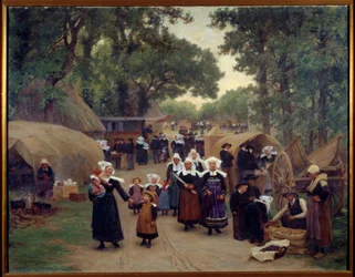 Ankomsten till Pardon de Fouesnant bretonska familjer i traditionell kostym. Målning av Theophile Deyrolle (1844-1923) 1892 Brest, Museum of Fine Arts