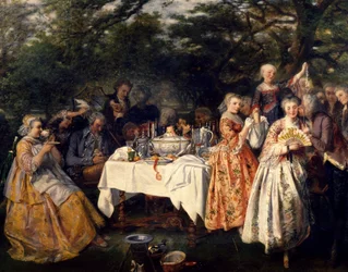 Picknick på landsbygden, i värdshusets trädgård i utkanten av Strasbourg av Theophile Schuler (1821-1878), cirka 1750
