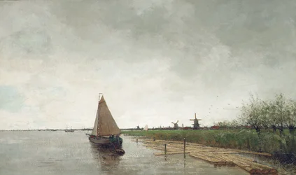 Ett flodlandskap med kärl, en stad bortom (olja på duk)