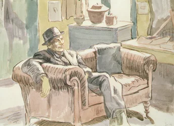 Walter Sickert sitter i en soffa, ca 1927 (svart krita och akvarell på papper)