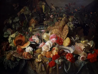 Stilleben med rosor och frukt. Målning av Theude Gronland (1817-1876)