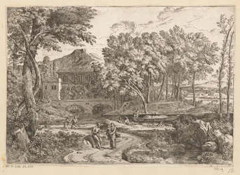Arkadiskt landskap med en flock getter vid vattnet och en mamma med barn på en stig med andra figurer Suite de Paysages (serietitel)