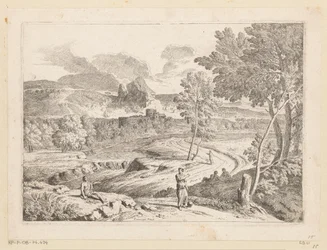 Arkadiskt landskap med figurer längs en stig vid en bäck Suite de Paysages (serietitel)