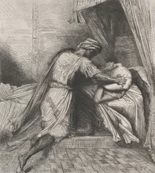 Han kväver henne: plåt 13 från Othello Akt 5, Scen 2, etsad 1844, omtryckt 1900.