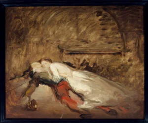 Les lovers Romeo et Juliet Illustration av verket med samma namn av William Shakespeare (1564-1616) som representerar älskarnes död i scen 3 av akt V. Esquisse de Theodore Chasseriau (1819-1856) Sön. 0,50 x 0,61 m Paris. Louvren