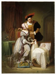 Kejsar Karl och hans älskarinna Johanna Van der Gheynst vid dottern Margaretas vagga