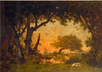 Utgång från skogen i Fontainebleau, solnedgång (olja på duk