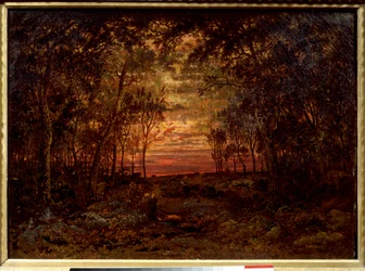 Solnedgång i skogen Målning av Theodore Rousseau (1812-1867) Barbizonskolan från 1800-talet. Dämpa. 0,46x0,62m. Olja på duk. .