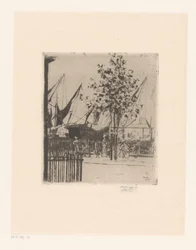 Gatuvy med figurer vid en hamn Hörnet av Luna Street, Chelsea Embankment