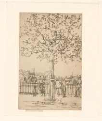Sex figurer vid ett staket längs en flod, i förgrunden ett träd Chelsea Embankment, juni, 17:00, 1889