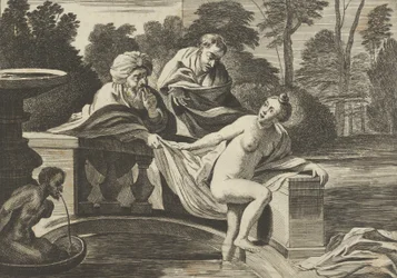 Susanna, delvis naken och stigande ut ur en fontän, med två äldste till vänster, varav den ene..., ca 1656-60