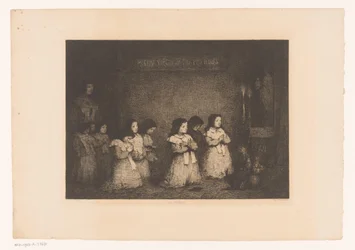Grupp flickor i bön framför en staty av Maria La Priere (titel på objekt) Eaux-Fortes Modernes: Originales et Inédites (serietitel)