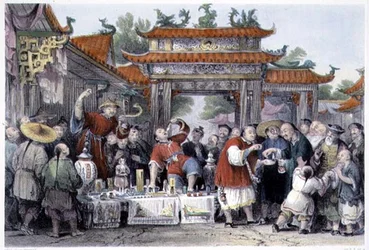 En ambulerande läkare vid Tien-Sing, från "China in a Series of Views" av George Newenham Wright (c.1790-1877) 1843 (färggravyr)