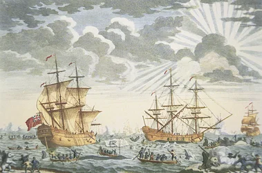 Grönlands- eller valfisket, graverat av E. Kirkall, ca 1720 (färg litho)
