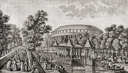 Ranelagh Gardens, Chelsea, London, England. Utsidan av Rotundan vid Ranelagh Gardens, det "kinesiska huset" och en del av tomten, efter gravyren av Thomas Bowles