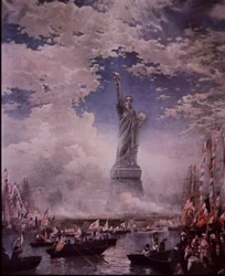 Avtäckning av Frihetsgudinnan i New Yorks hamn, 28 oktober 1886 (färg litho)