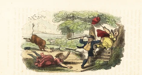 En familj av botaniker attackerad av en laddande tjur på ett fält. ,1831 (gravyr)