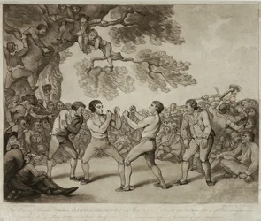 Boxningsmatchen mellan Daniel Mendoza och Richard Humphreys i Stilton, Huntingdonshire, 6 maj 1789, graverad av Joseph Grozer (ca 1755-99) (gravyr)