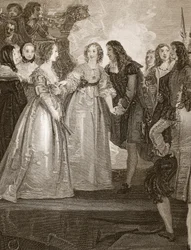 Charles II som tar emot hertiginnan av Orleans i Dover, graverad av W. Bromley, illustration från David Humes "The History of England", pub. av R. Bowyer, London