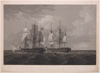 Denna plansch föreställande den franska fregatten La Proserpine på 40 kanoner som slog flagg mot Hans Majestäts fregatt Dryad på 36 kanoner utanför Cape Clear den 13 juni 1796... tillägnad kapten... Lord Amelius Beauclerk...
