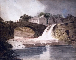 Bro och vattenfall, ca 1800-30 (akvarell)