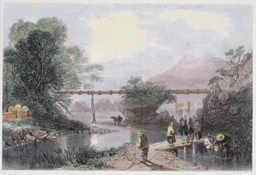 Bamboo Aqueduct at Hong Kong, graverad av Henry Adlard, från "China in a Series of Views" av George Newenham Wright (ca 1790-1877) 1843