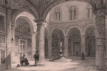 Gården till Palazzo Vecchio i Florens, Toscana, Italien, stålstick av James Tingle (aktiv ca 1830-1860) efter teckning av Thomas Allom (1804-1872), ca 21x15 cm