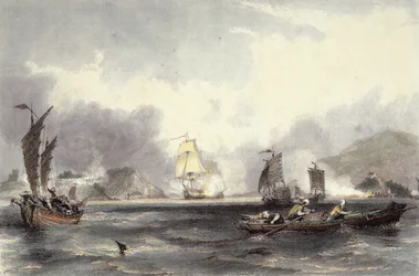 HM Ships Imogene och Andromache passerar batterierna i Bocca-Tigris, ca 1850