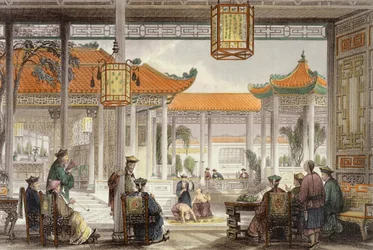 Jonglörer som ställer ut i domstolen i ett mandarinpalats, från "Kina i en serie av vyer" av George Newenham Wright (ca 1790-1877) 1843