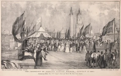 Ceremonin för öppning av London Bridge med Old London Bridge i bakgrunden